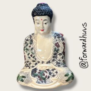 Painted Resin Buddha Figurine – Floral Robe – Textured Hair – Paint Chips
